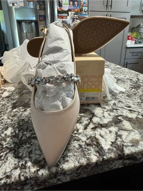 Badgley Mischka Crystal-Strap Pointed Mule in Blush